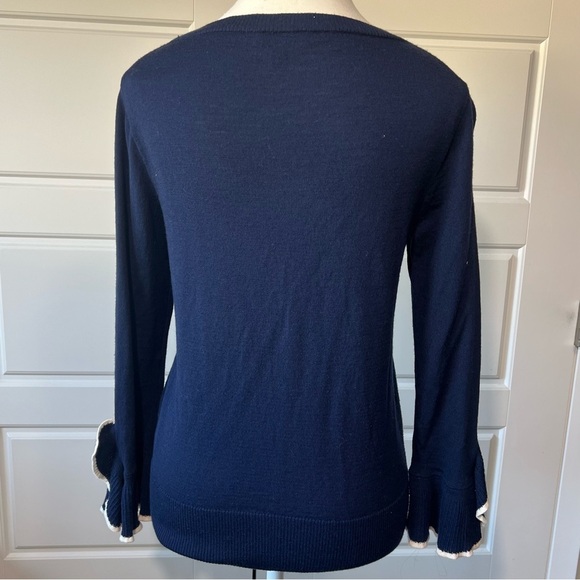 J Crew Navy Blue Ruffle Cuff Long Sleeve Merino Wool Knit Sweater Size Small - Picture 4 of 7